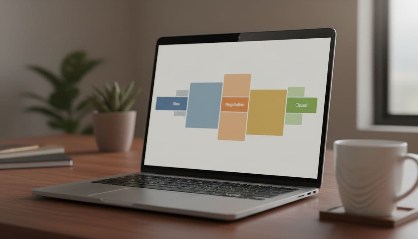 Close-up of laptop screen showing blurred sales pipeline stages on cozy office desk with coffee mug.