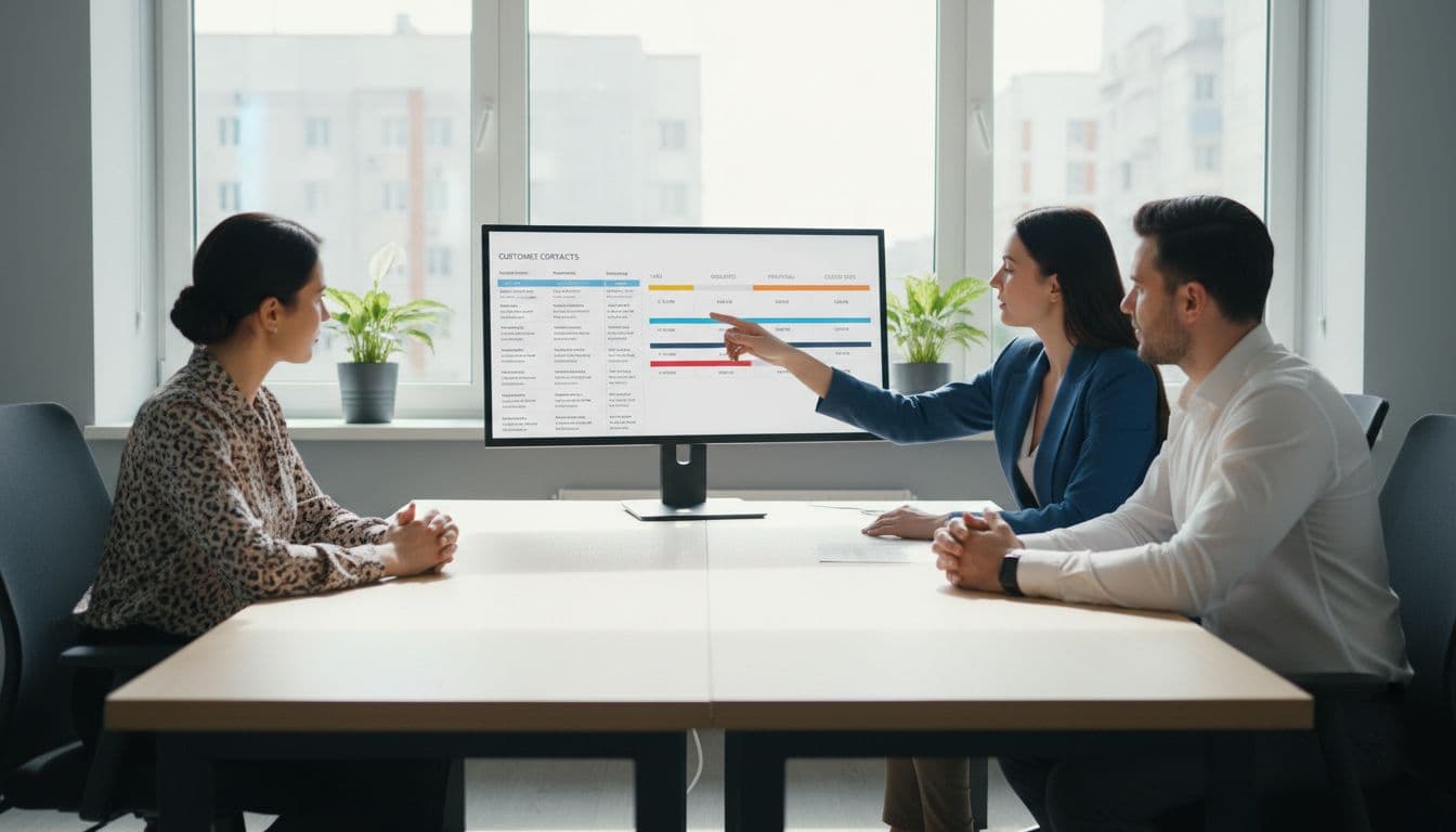 Three business professionals sit around a desk in a modern office, one pointing to a large monitor displaying CRM customer contacts and sales pipeline.