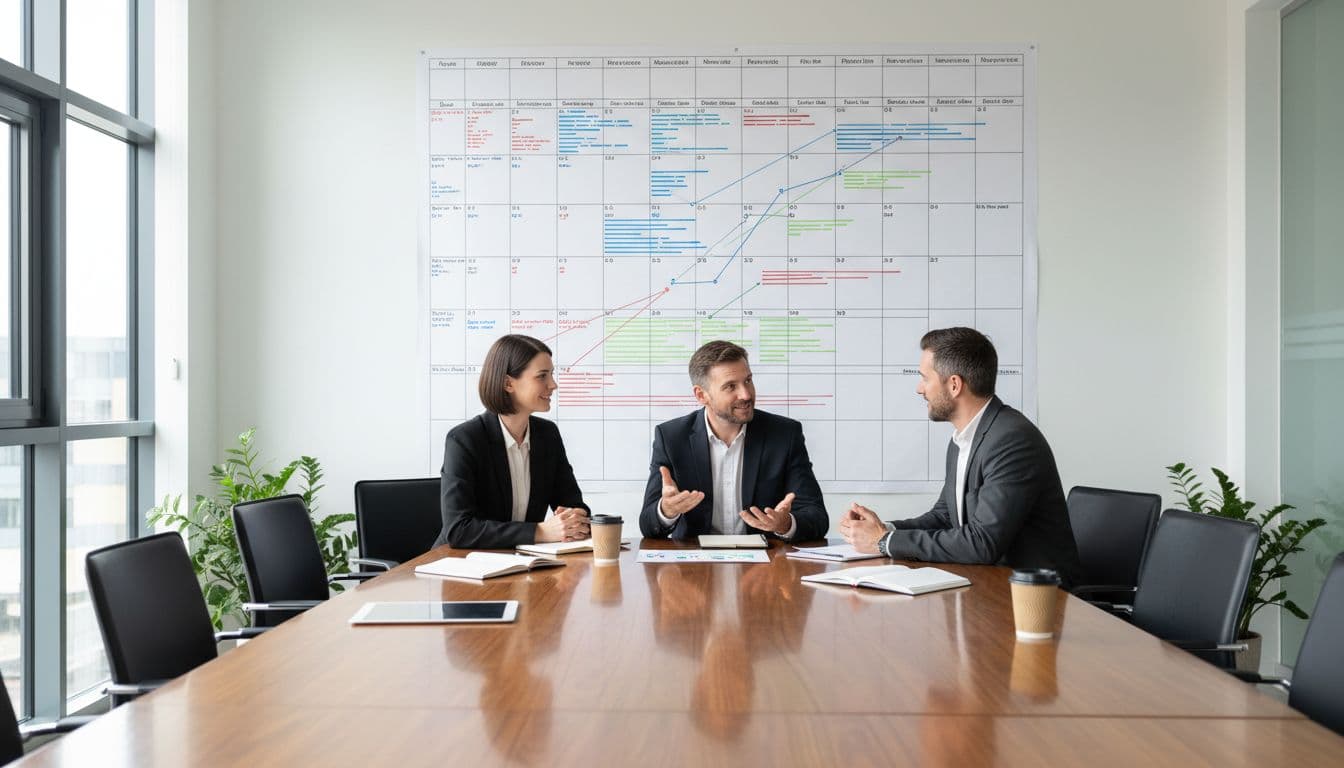 Two agency owners and a client seated around a conference table in a modern office, reviewing a large wall calendar marked with project timelines and deadlines, emphasizing collaboration under natural daylight.