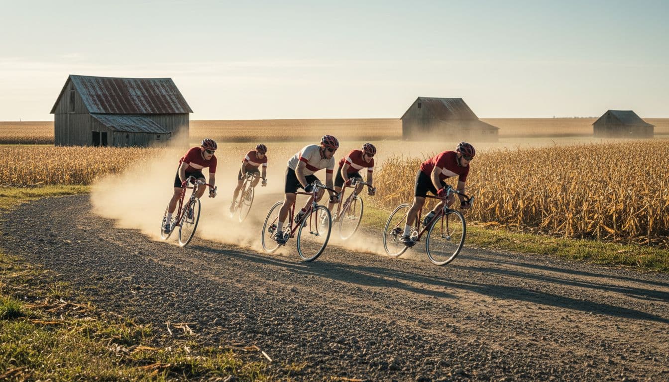 Group of 5-7 cyclists racing dynamically on a dirt farm road surrounded by fields and barns, cinematic side-angle shot with dramatic lighting and red accents.