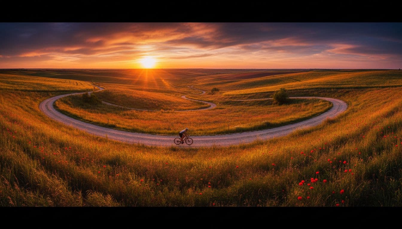Wide Kansas farm landscape around Glen Elder with rolling hills, gravel paths through pastures and fields, golden grass under dramatic sunset lighting, and one distant cyclist on the bike path, ideal for bike racing.