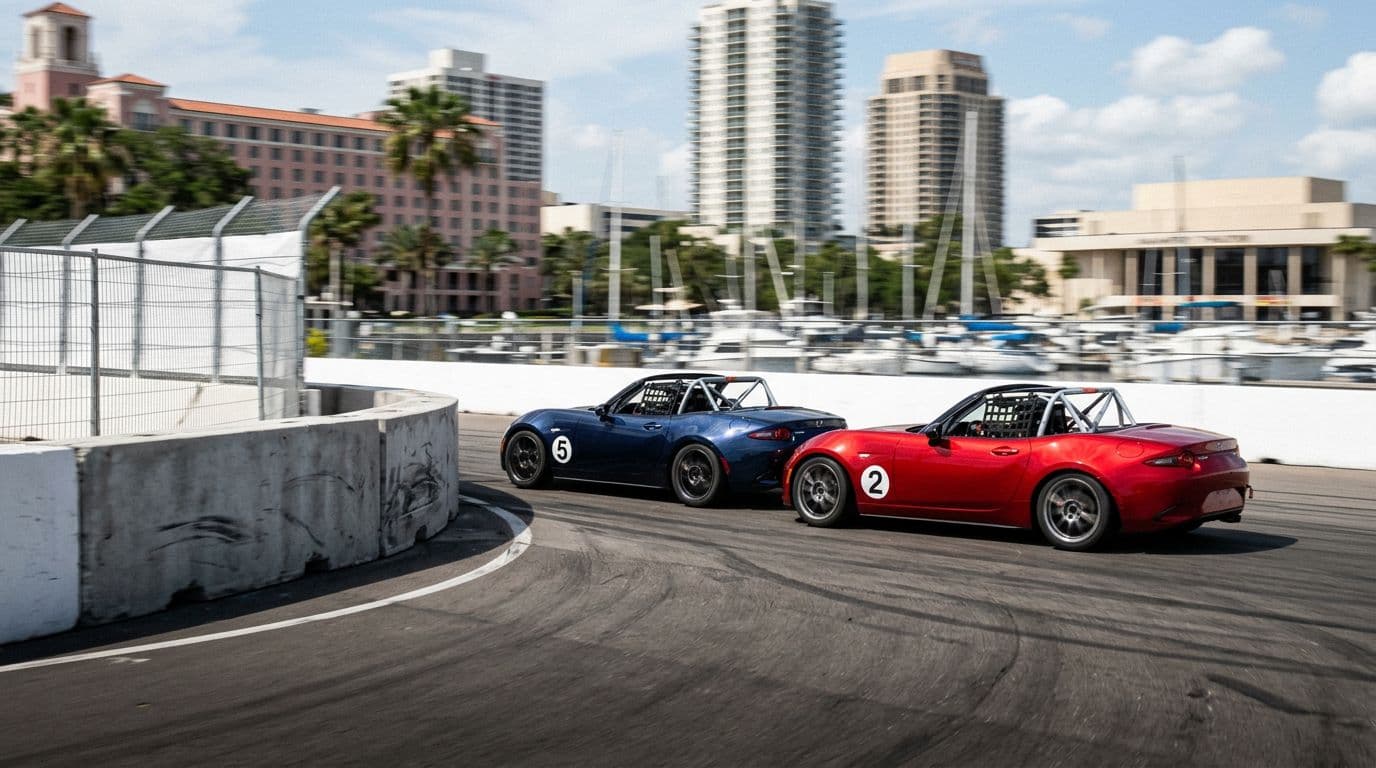 Two Mazda MX-5 Cup cars side by side in a dynamic outside pass attempt on a St. Petersburg street circuit turn, with concrete barriers, motion blur on wheels, and bright daylight urban backdrop.