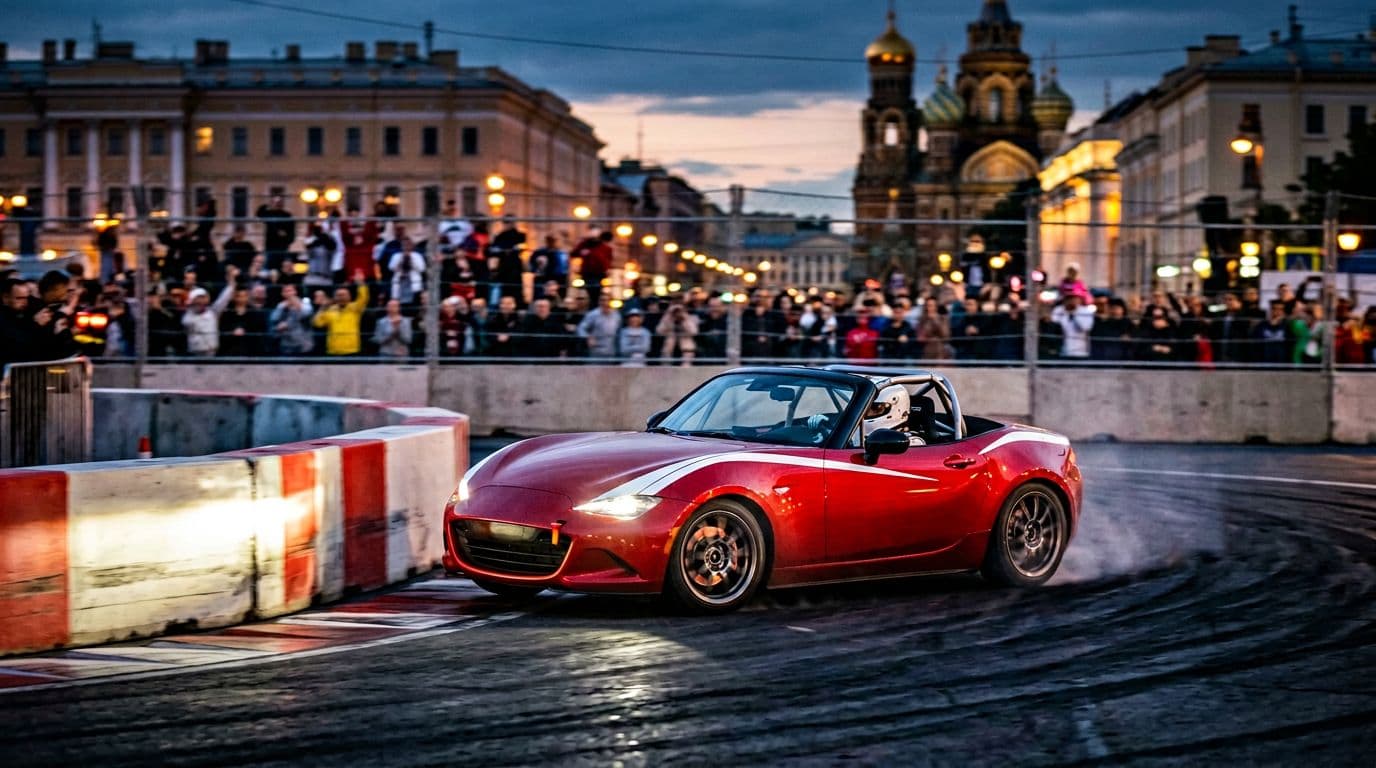 A Mazda MX-5 Cup race car speeds through a tight street circuit corner in urban St. Petersburg at dusk, captured from a low angle with dramatic lighting from headlights and city lights.