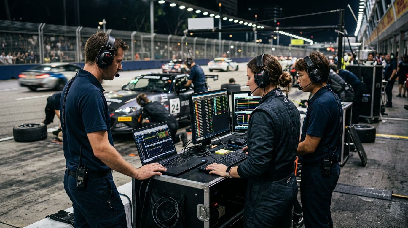 Pit crew members monitor data screens for a Mazda MX-5 race car in a tense pit lane during a street race, featuring lap times and telemetry on one laptop and two monitors.