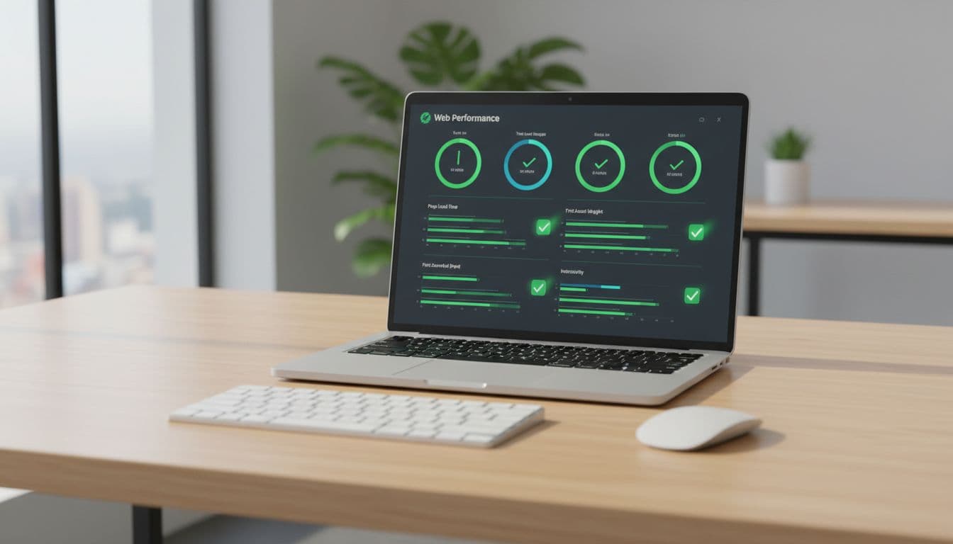 A modern web performance dashboard on a laptop screen displays green checkmarks for metrics like load times and page weights, set on a bright office desk with keyboard and mouse under realistic lighting.