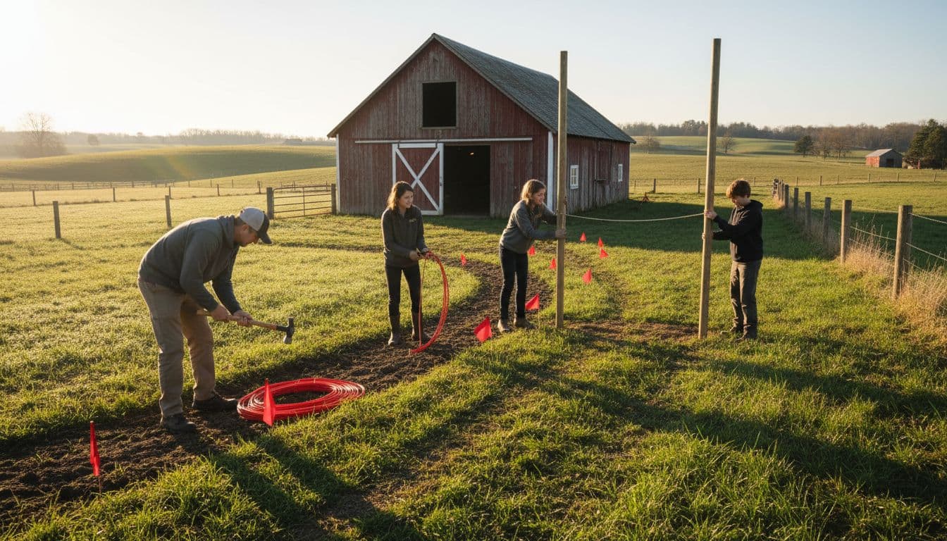 Volunteers and the Palen family collaborate on farmland to set up a race course, marking paths with red flags and preparing the start line near a barn under warm morning light with cinematic contrast.