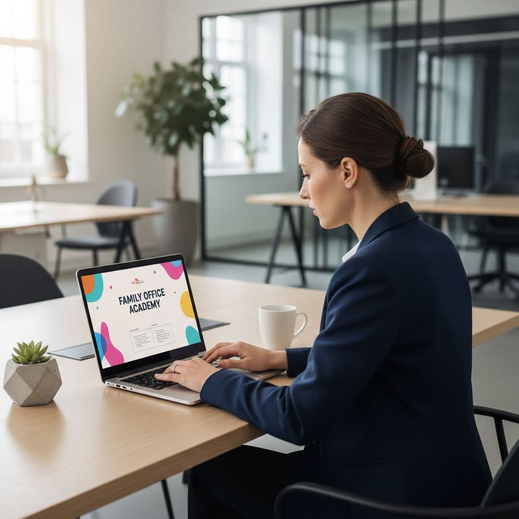 A focused team member sits at a clean wooden desk, interacting with a laptop in a bright office. Soft natural lighting highlights the minimalist workspace with a blurred architectural background.