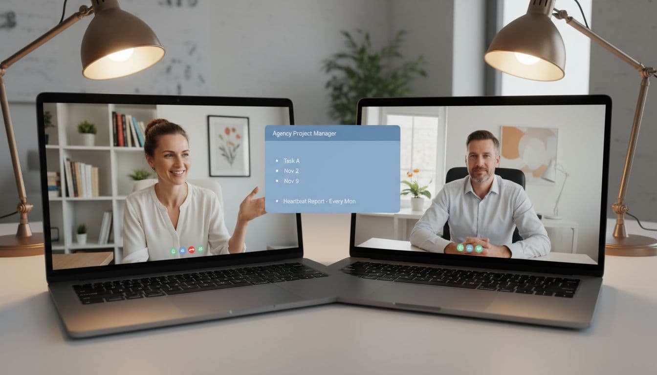 Split-screen composition of an agency project manager and client in video call from home offices, with the manager pointing to a shared screen showing a simple task list and dates, realistic style with warm professional lighting.