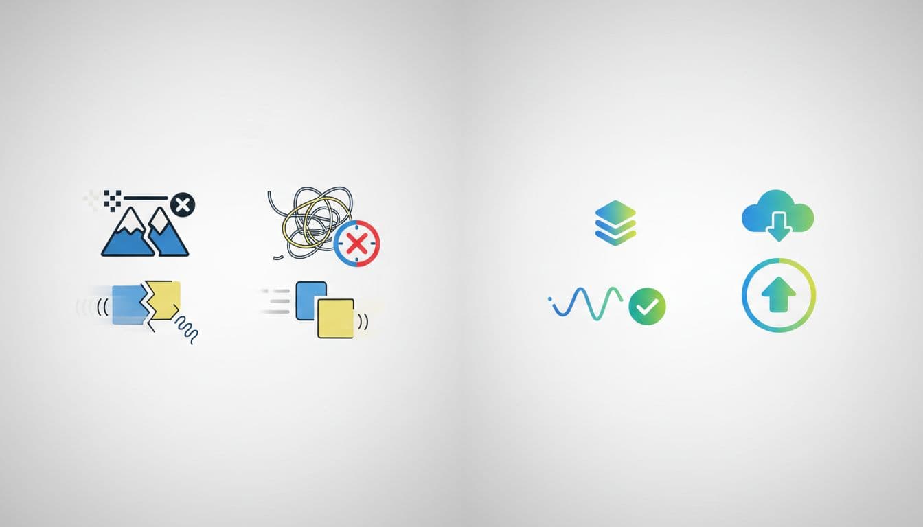 Split-screen illustration contrasting a bloated, slow WordPress site on the left—featuring oversized images, heavy scripts, and layout shifts—with a fast, optimized site on the right using compressed images, minimal scripts, and smooth loading on a neutral background.
