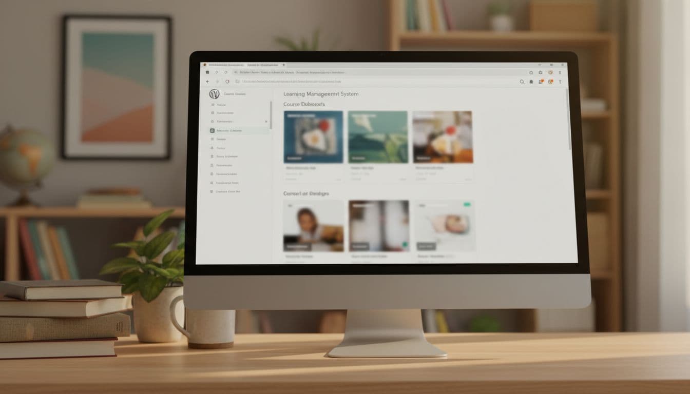 Desktop screen showing a blurred WordPress LMS course dashboard with navigation elements in a cozy home office featuring books and a plant, warm natural lighting, landscape orientation.