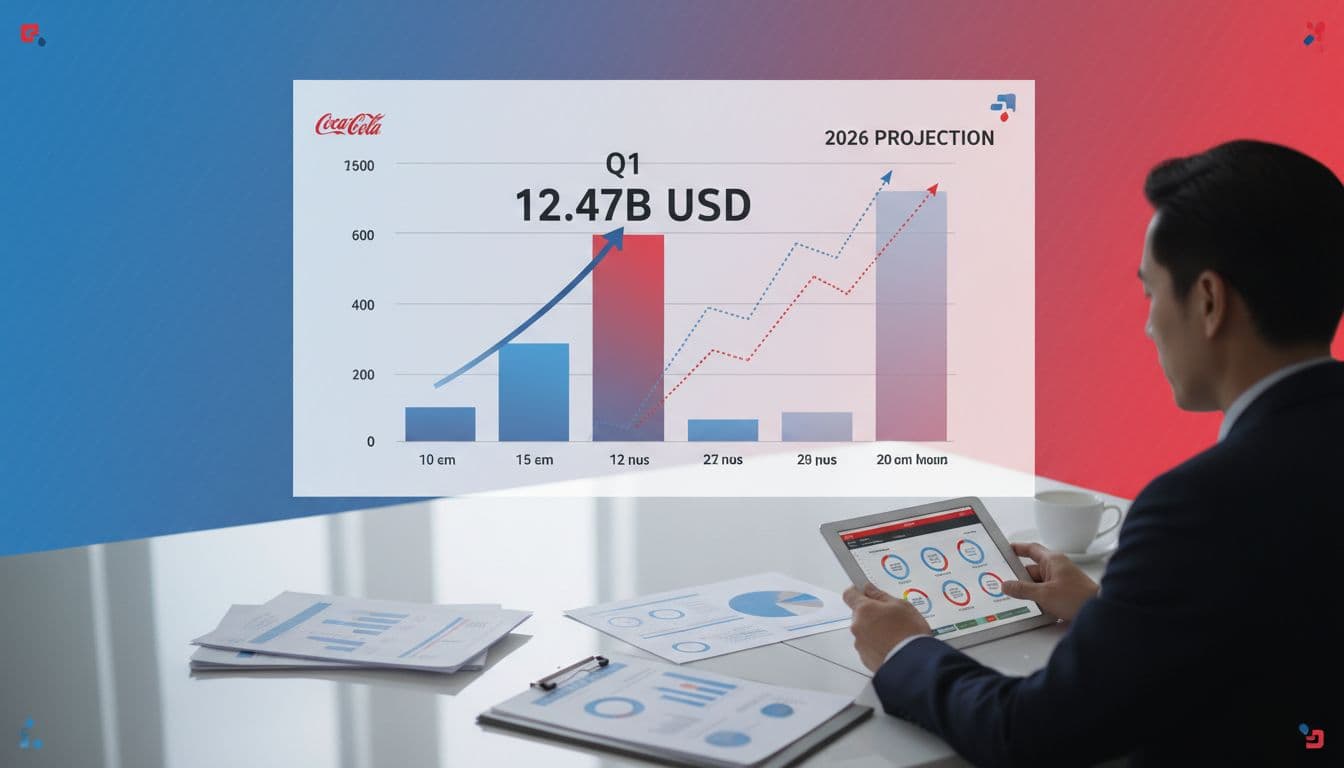 Upward financial graph shows Coca-Cola's $12.47B Q1 revenue with 2026 projections on executive desk, analyzed by professional.