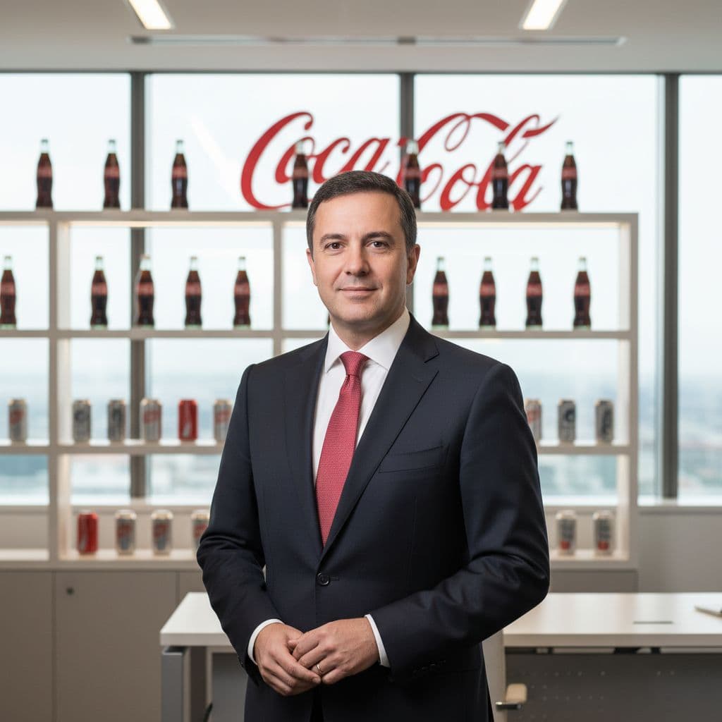 Henrique Braun in suit stands confidently in modern office with blurred Coca-Cola bottles behind.