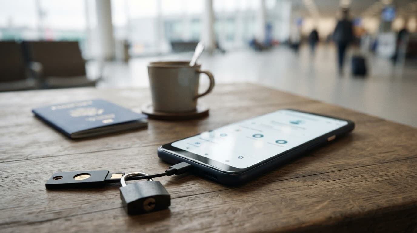 Android phone with a security key, padlock, passport, and coffee at an airport workstation.