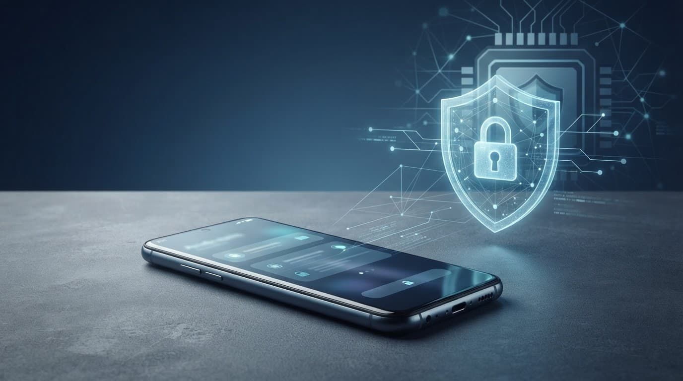 A smartphone beside a glowing shield and secure chip design on a blue-gray desk.