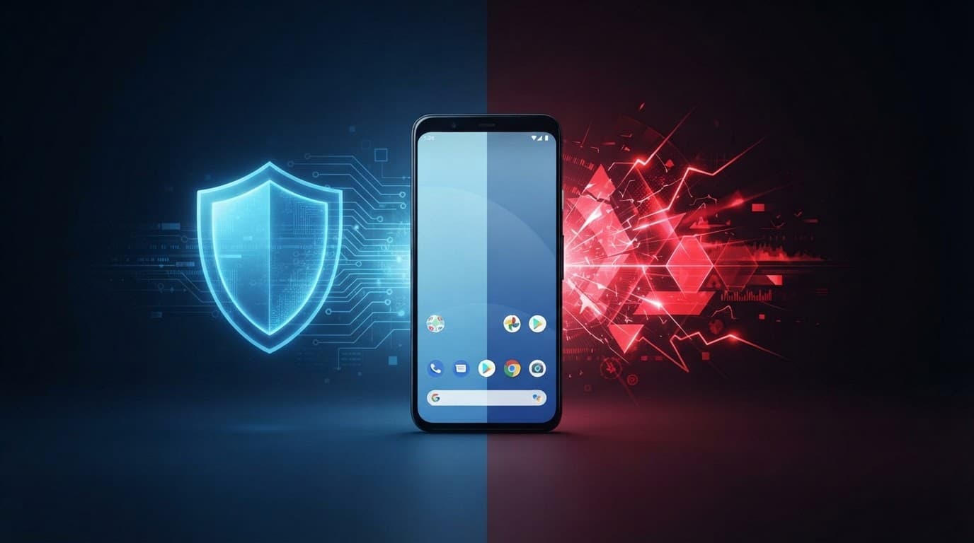 Android phone between a blue shield and a red warning symbol.
