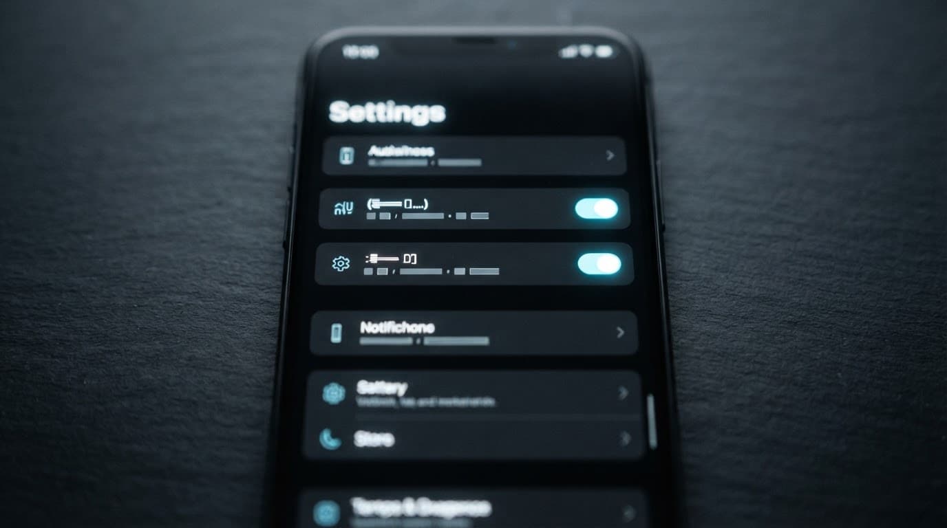 Smartphone showing glowing settings toggles on a dark surface.