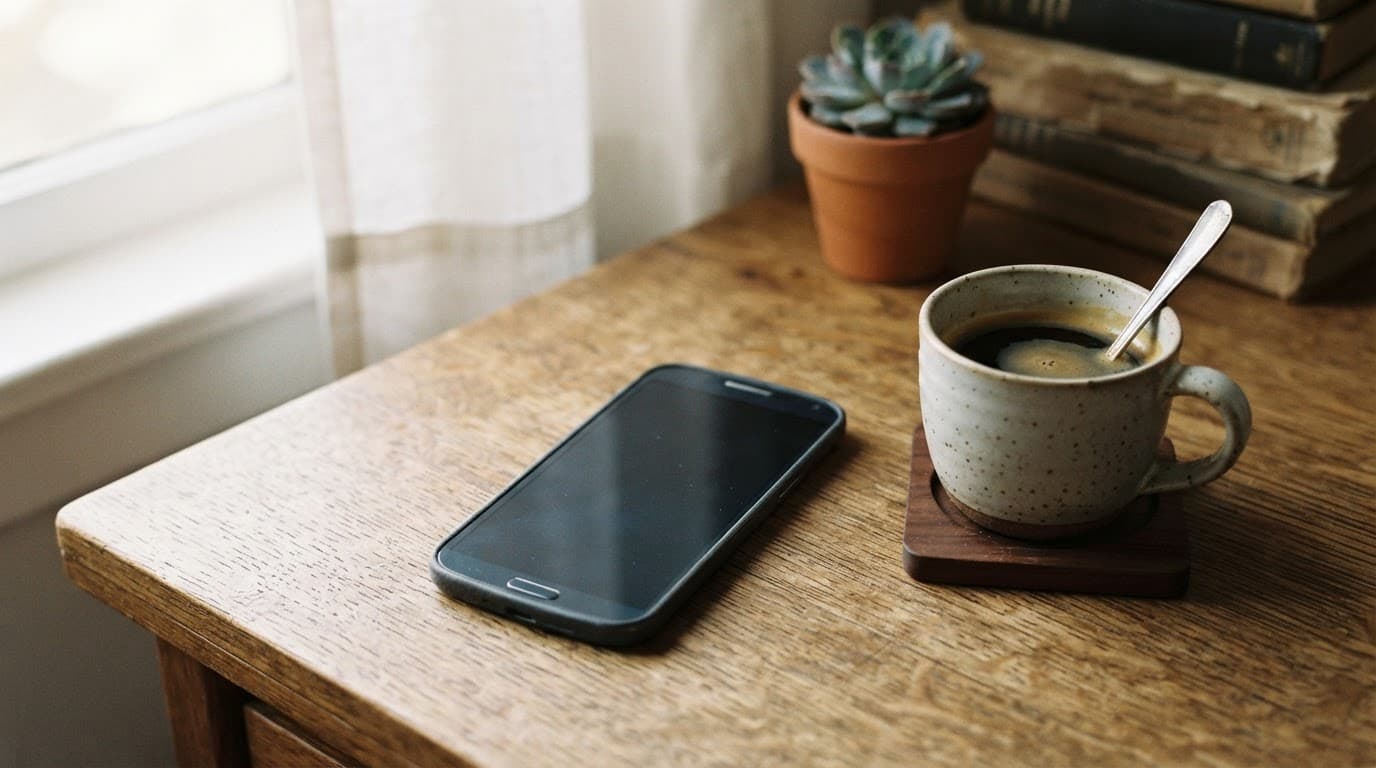 An older Android phone sits beside coffee on a wooden desk in soft window light.