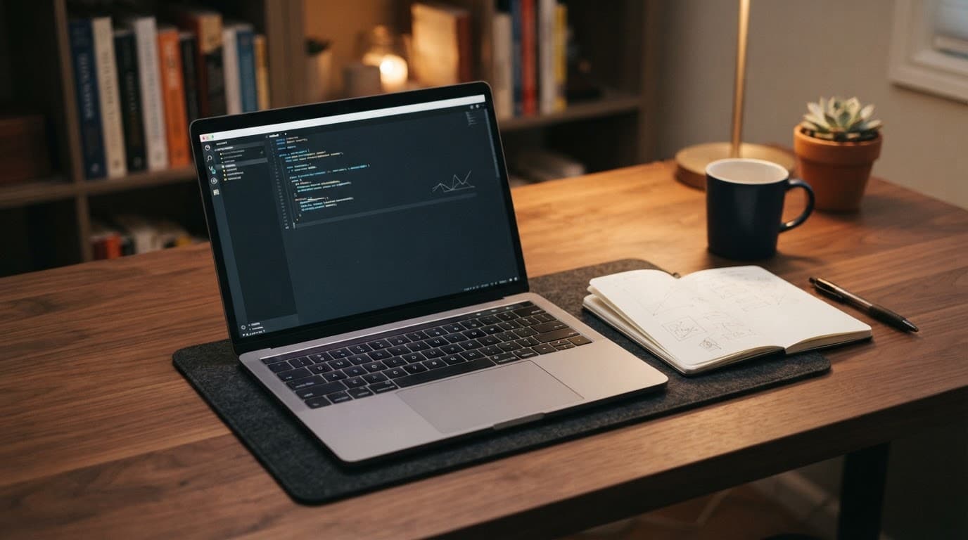 An open laptop and small notebook on a clean desk under soft lighting.