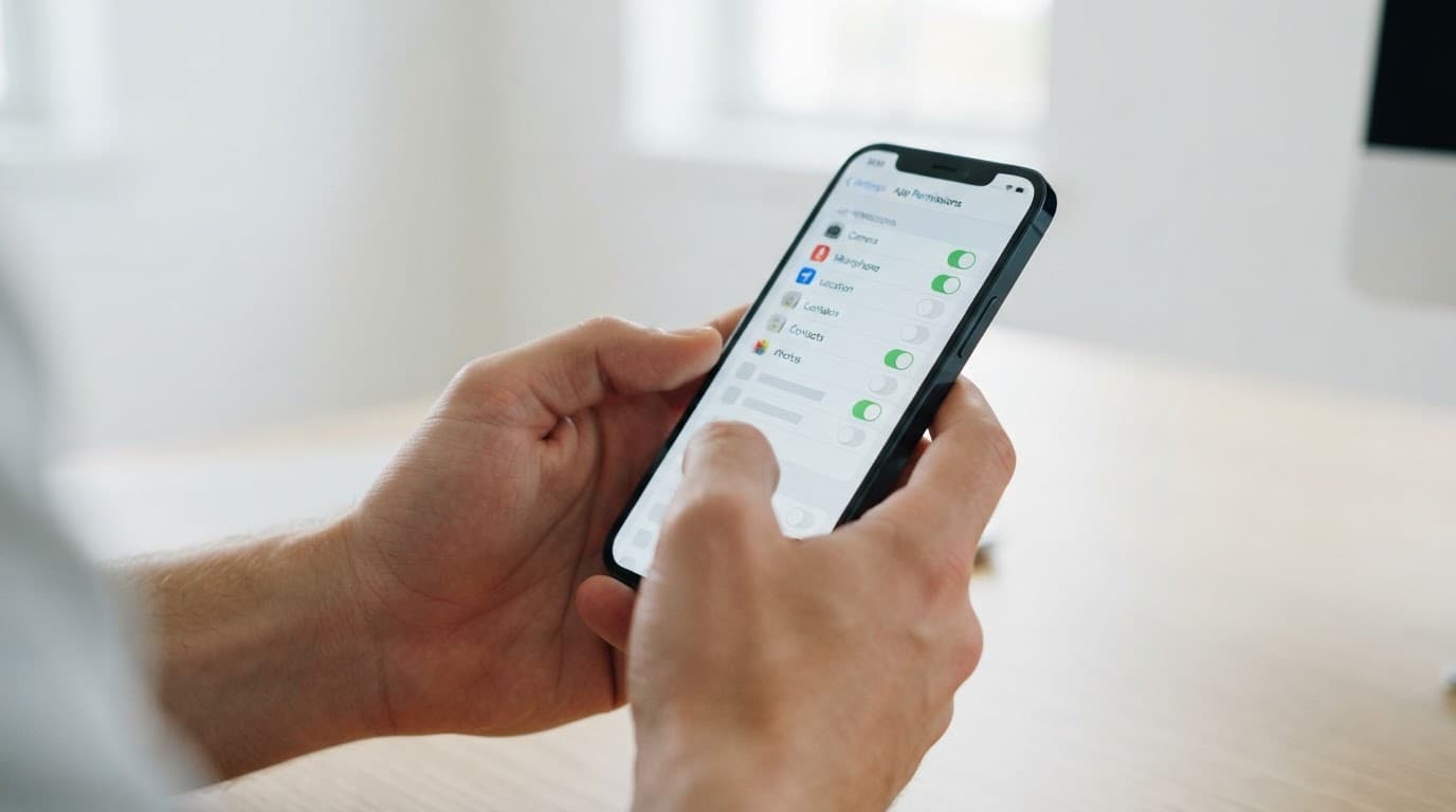 Hands hold a smartphone while reviewing app access in a bright room.