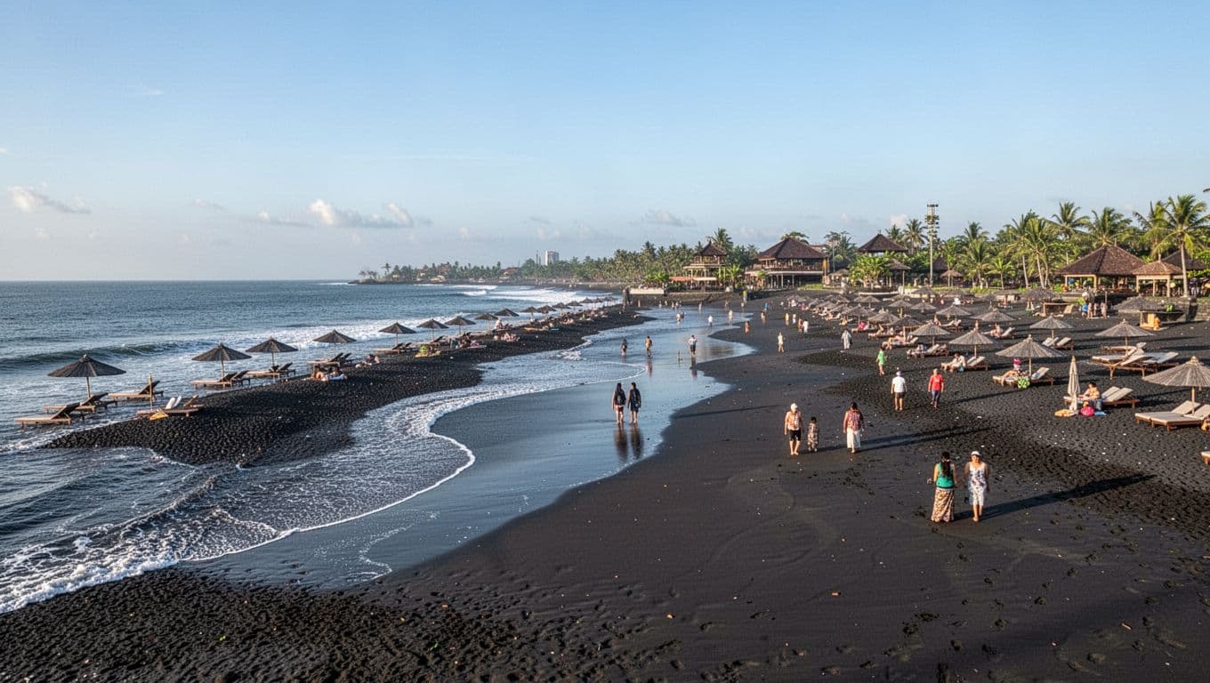 Landscape view of Seminyak Beach in Bali, featuring a long stretch of dark volcanic sand curving along the coast with gentle waves, sun umbrellas, loungers, and distant beach clubs with thatched roofs. Exactly eight people are scattered walking or sitting under a clear blue sky in soft afternoon sunlight, realistic photography style.
