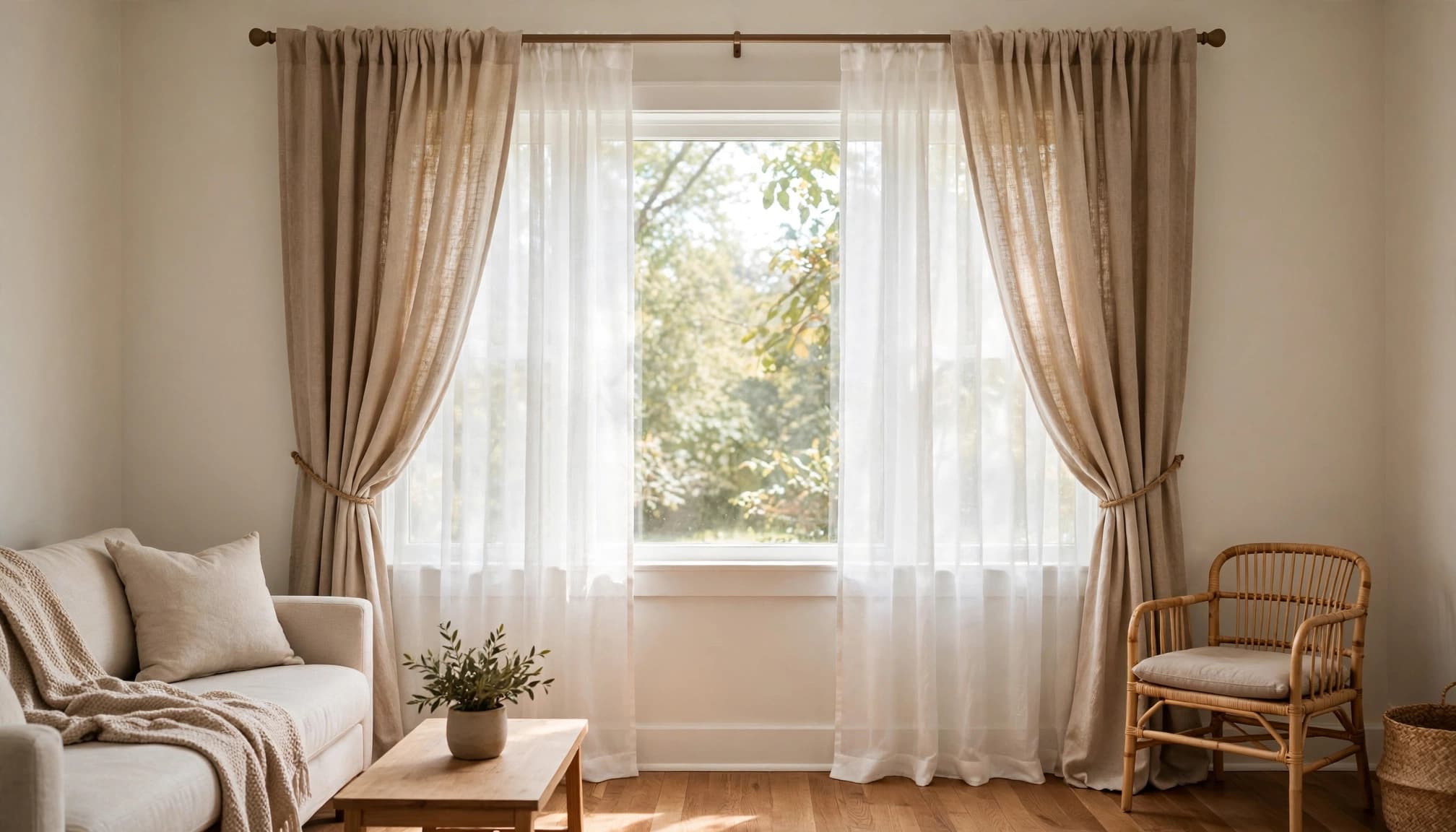 Layered beige curtains frame a large window in a bright living room. Affordable Window Treatment Ideas