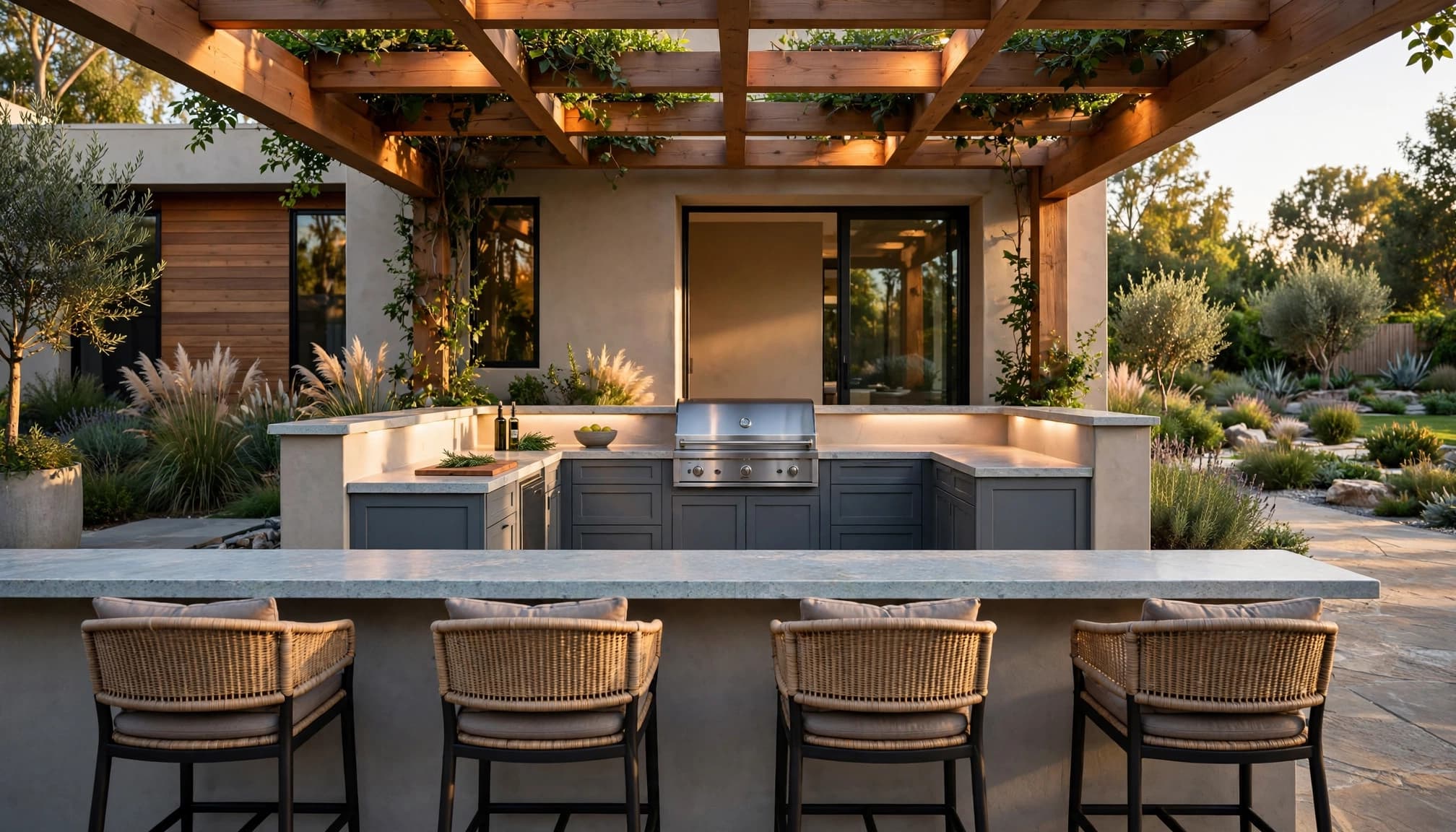 Outdoor kitchen with one grill, four stools, pergola shade, and garden views. Outdoor Kitchen with bar seating