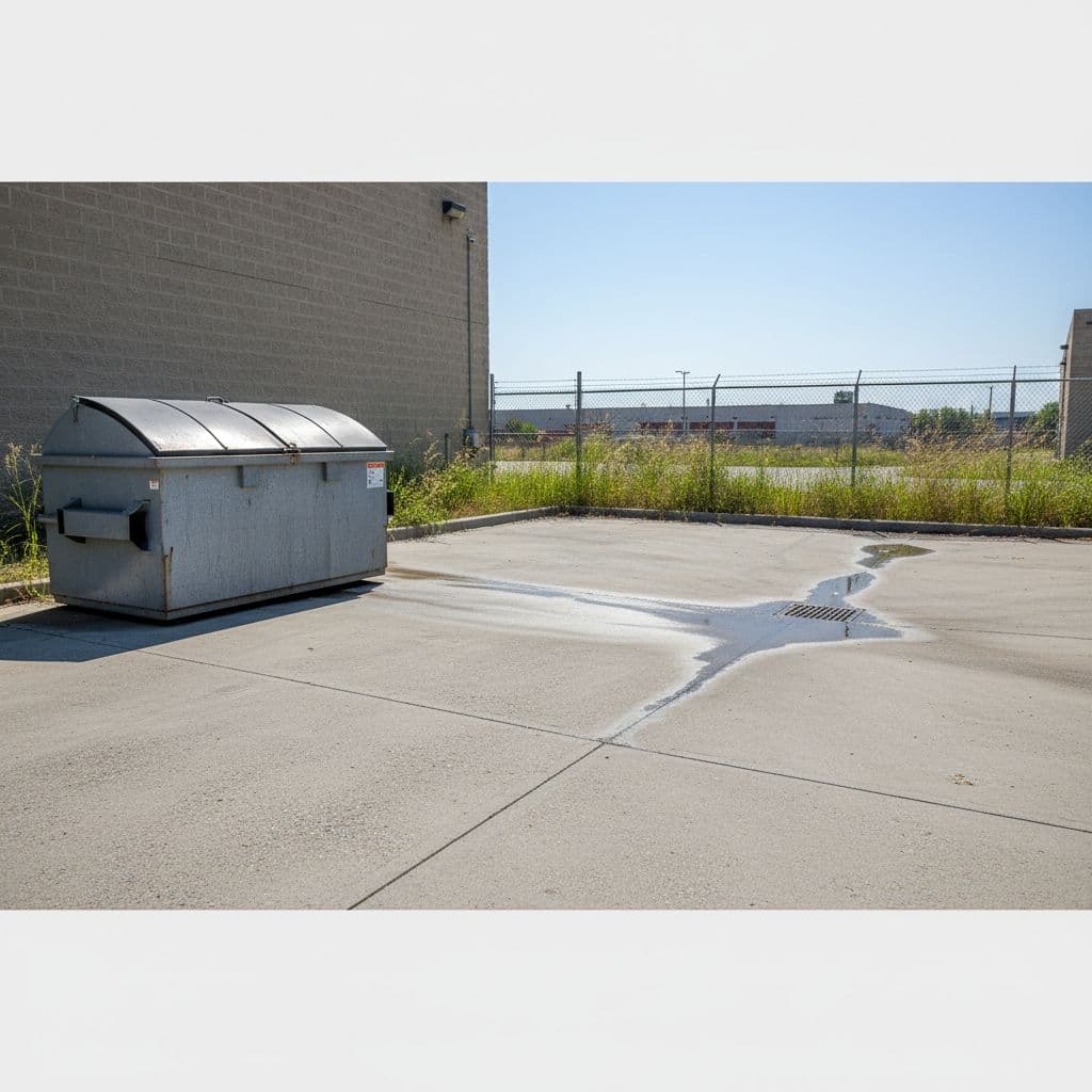 A well-maintained concrete trash pad area sits empty under bright natural daylight. Gas station Pressure Cleaning