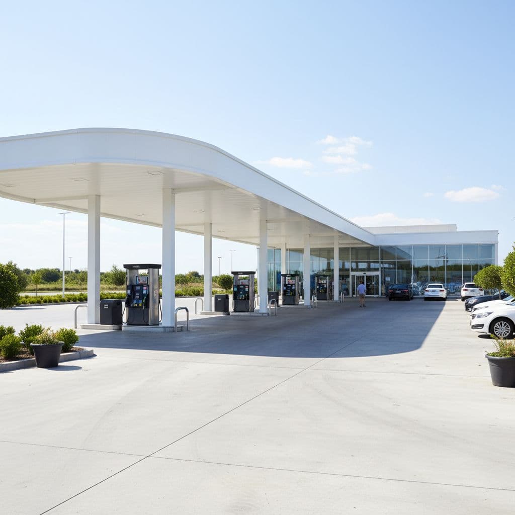 A clean, empty gas station forecourt under bright daylight with one person walking in the distance. Gas station Pressure Cleaning