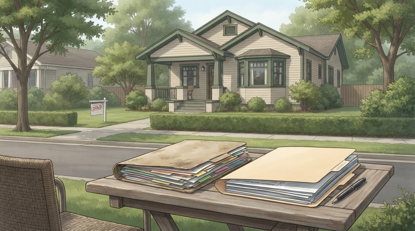 A modest home with a sold notice and closing papers on a nearby table. Foreclosures and Short Sales