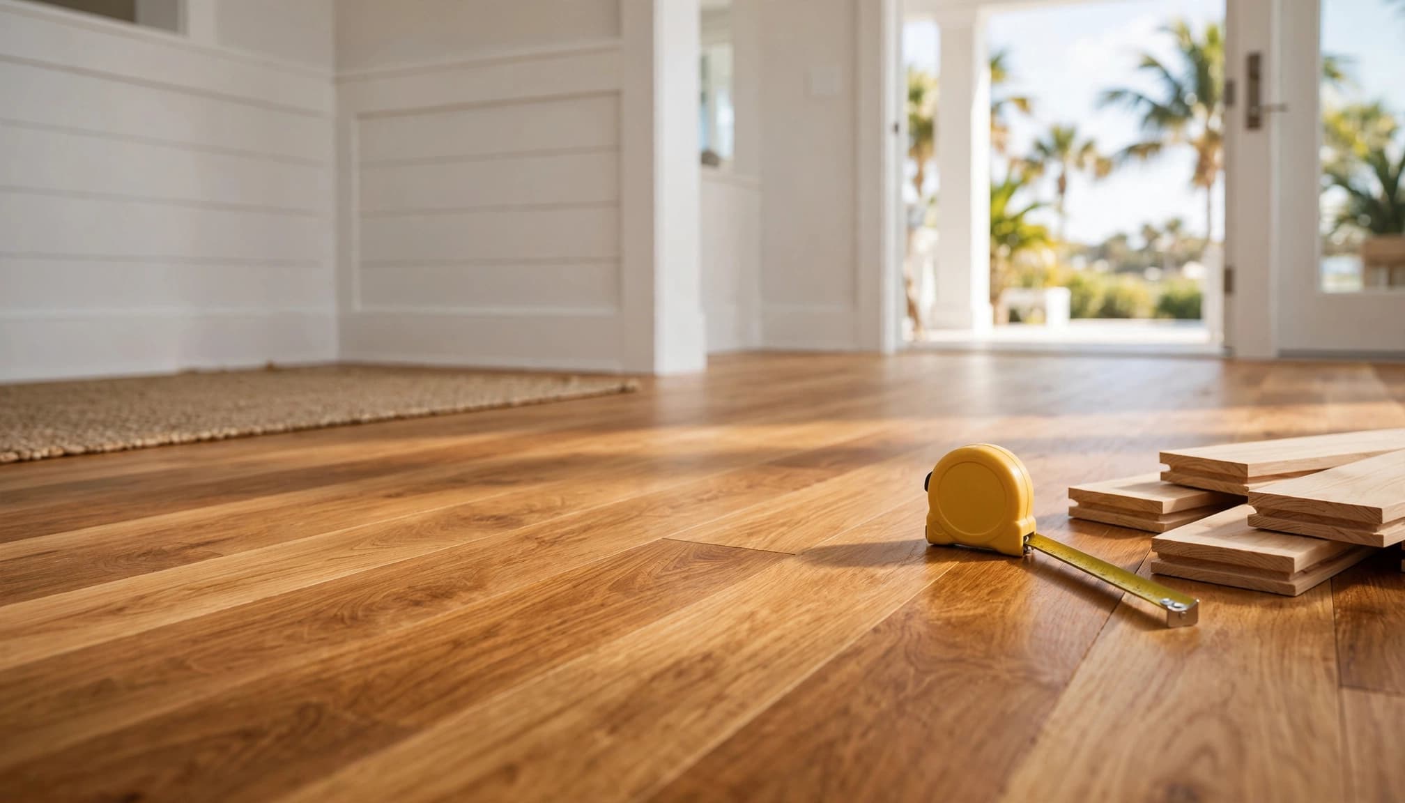 A yellow tape measure and wood planks sit on a warm-toned hardwood floor in a sunlit home. Hardwood Flooring Installation