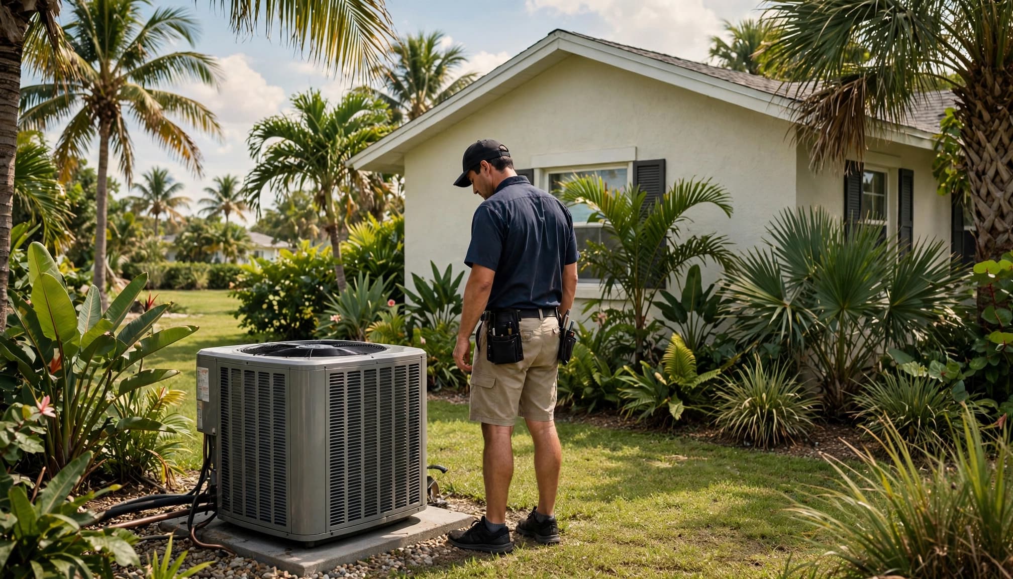 A technician stands beside an outdoor HVAC condenser unit at a Florida home. HVAC Tune-Up Cost in SWFL