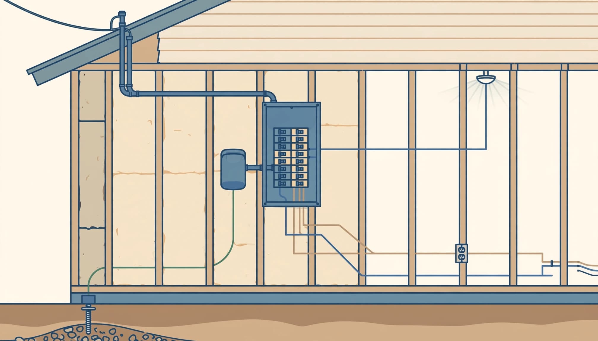 A cutaway technical illustration showing a home electrical panel and surge protector with wiring. Whole Home Surge Protector Installation