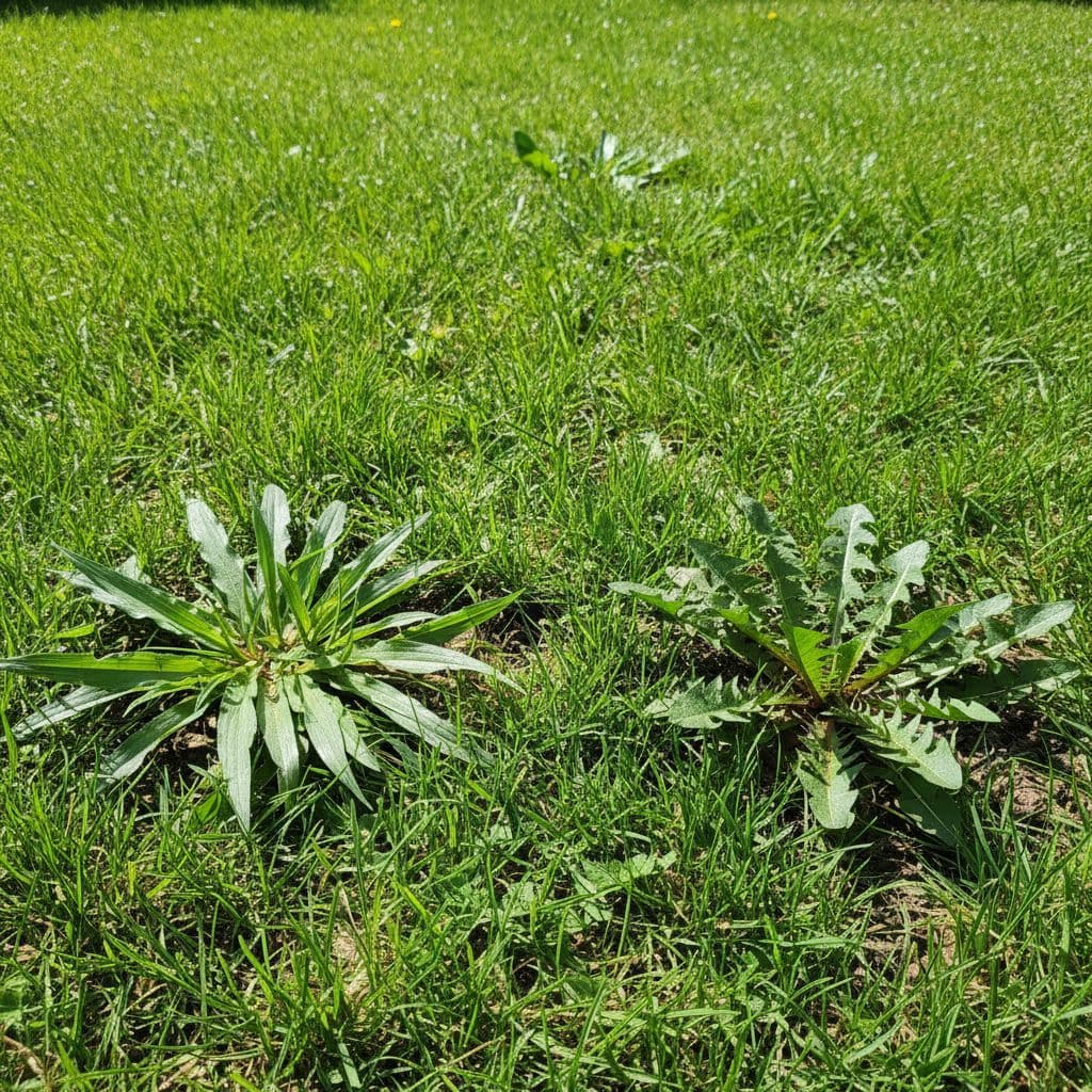 A close-up view of a green lawn displaying distinct patches of crabgrass and dandelion leaves. Crabgrass and dandelion control