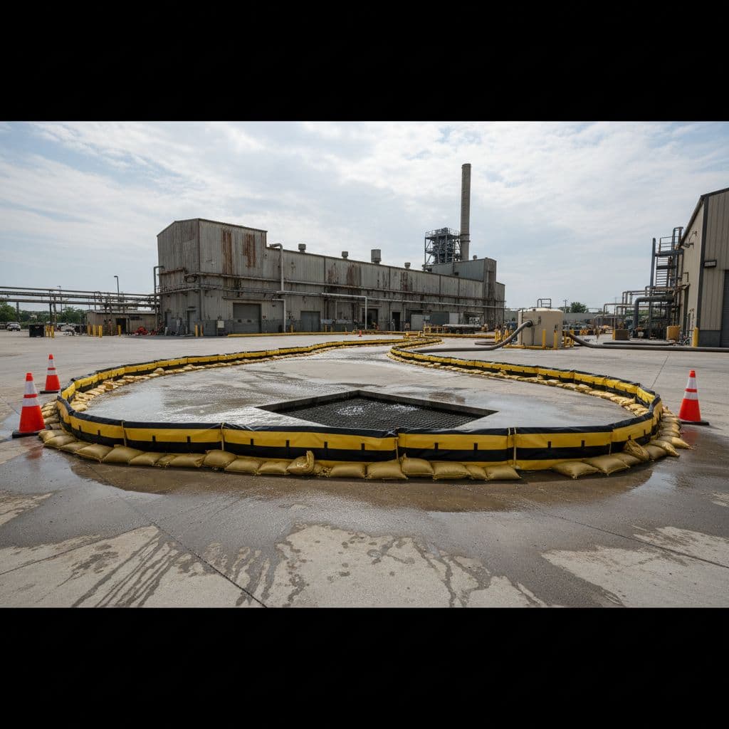 A professional drainage system collects surface water on a concrete industrial site near bright orange safety cones. Gas station Pressure Cleaning