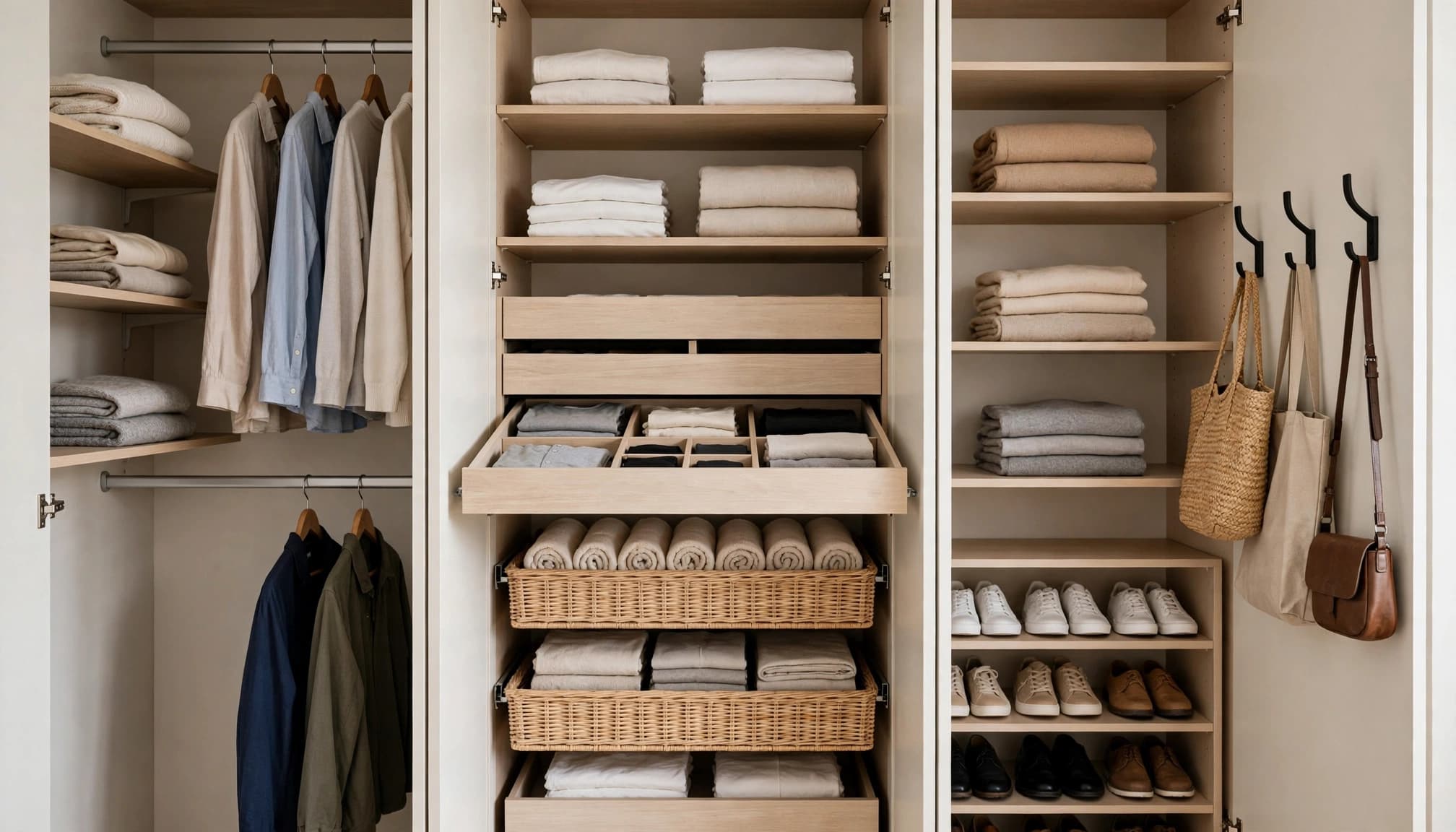 An organized reach-in closet with shelves, hanging clothes, drawers, baskets, and shoes. Closet design trends 2026