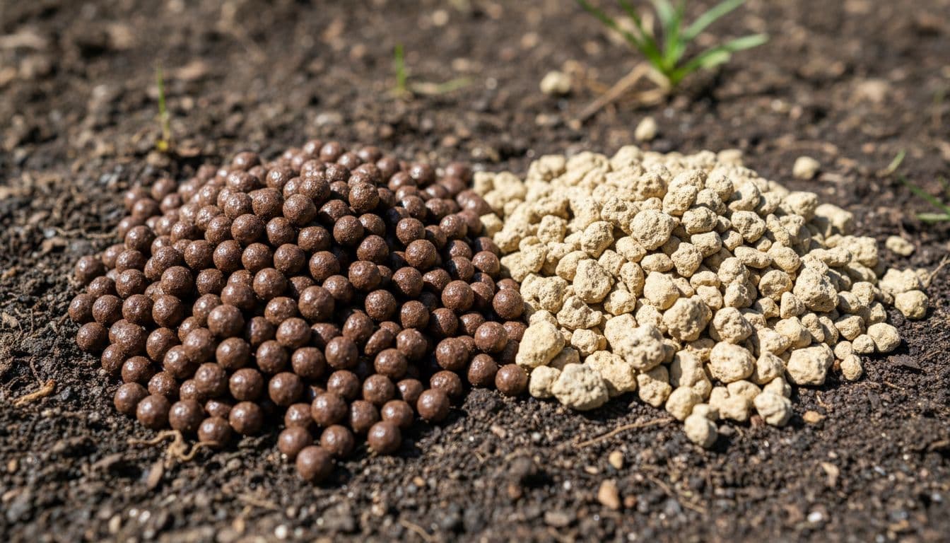 Two distinct piles of coated dark brown pellets and light tan irregular fertilizer granules sit on dark soil. Slow-release vs quick-release fertilizers