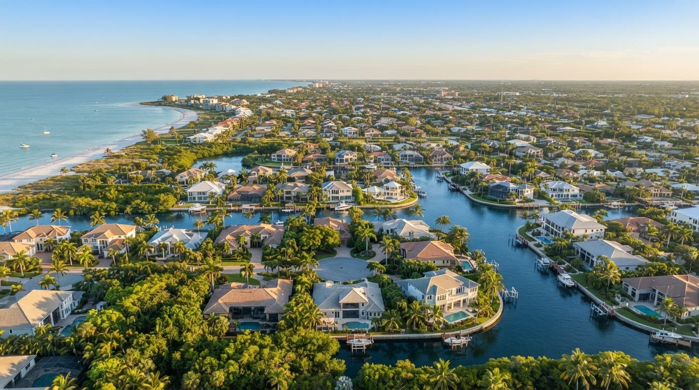 Aerial view of Southwest Florida homes, canals, palms, beaches, and low-rise neighborhoods. Best Places to Buy a Home in SWFL