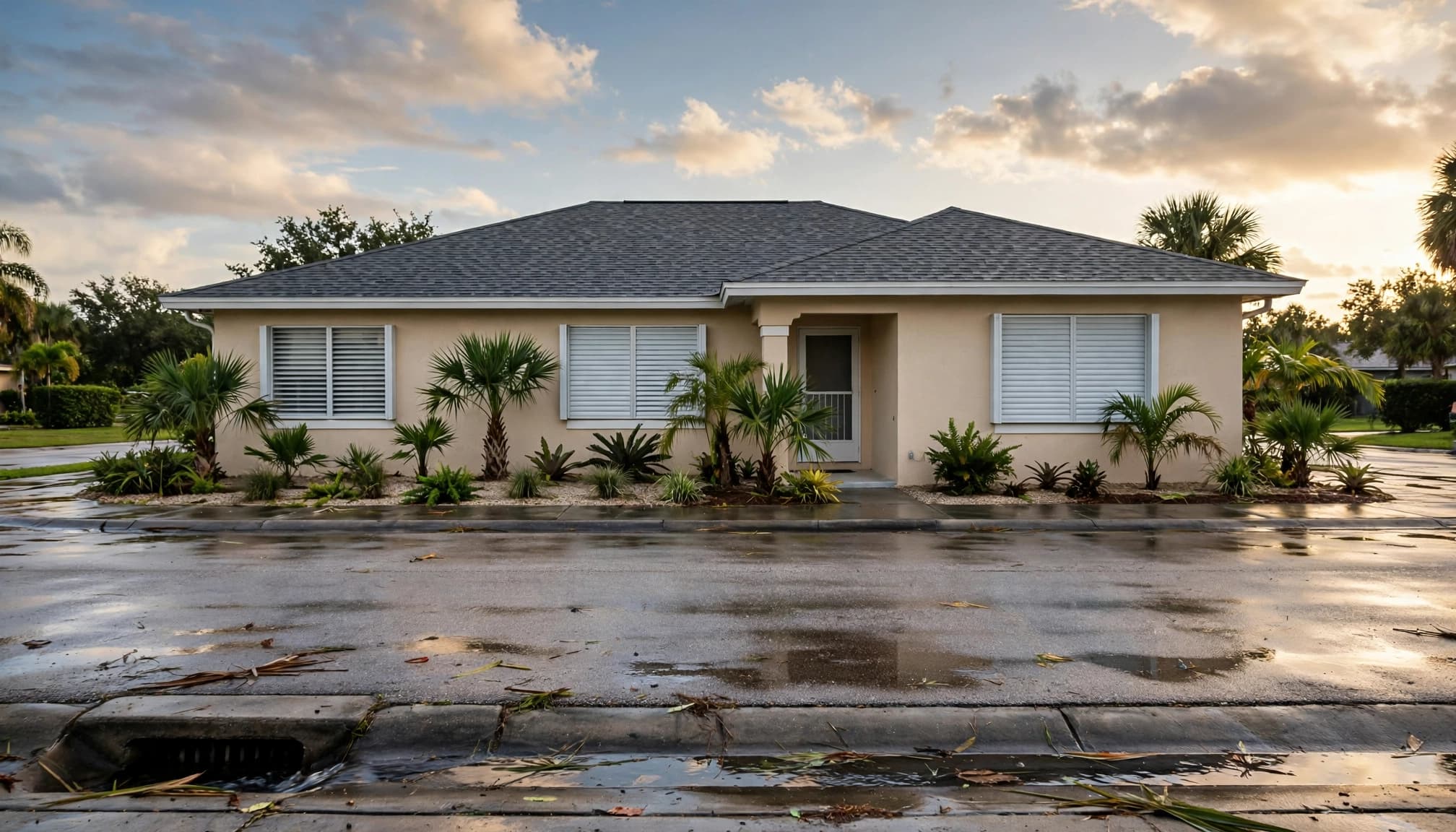 A Florida home with a newer roof, shutters, palms, and street drainage. Buying a home during a recession