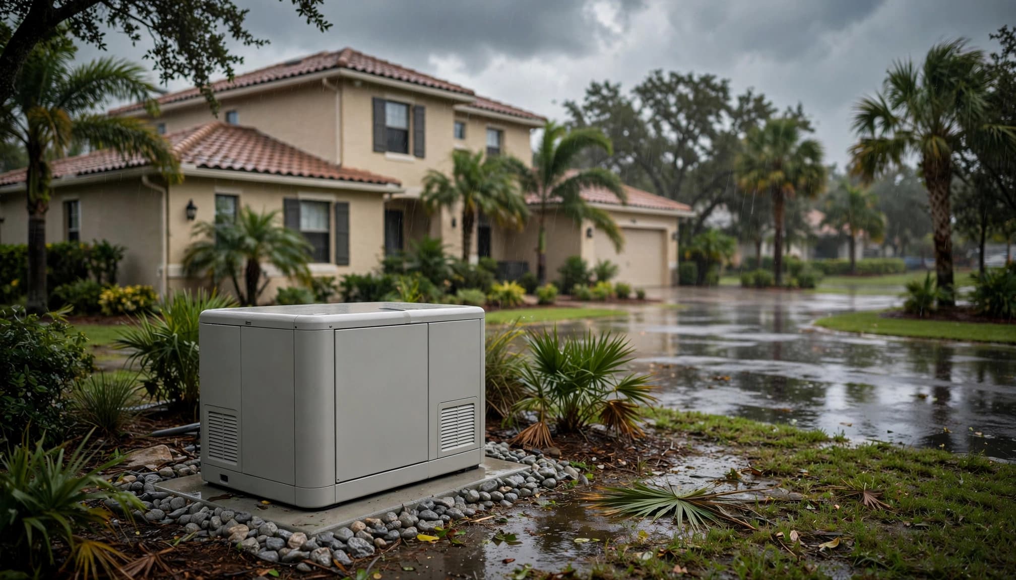 A standby generator sits outside a home beside a wet driveway under storm clouds. Whole home generator troubleshooting