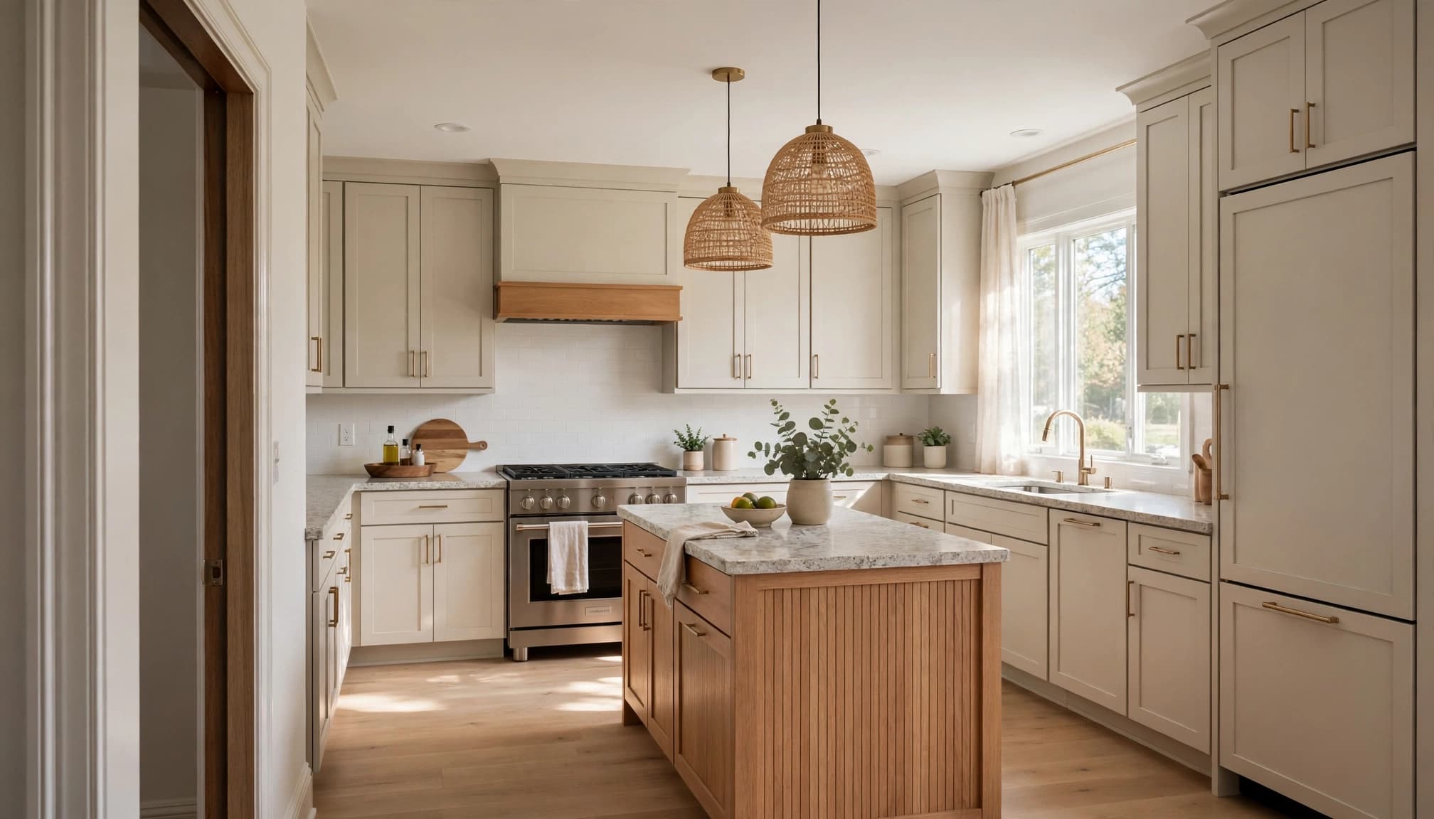 A modern residential kitchen with light cabinets, stone countertops, a wooden kitchen island, and woven pendant lights. Kitchen Remodel Costs