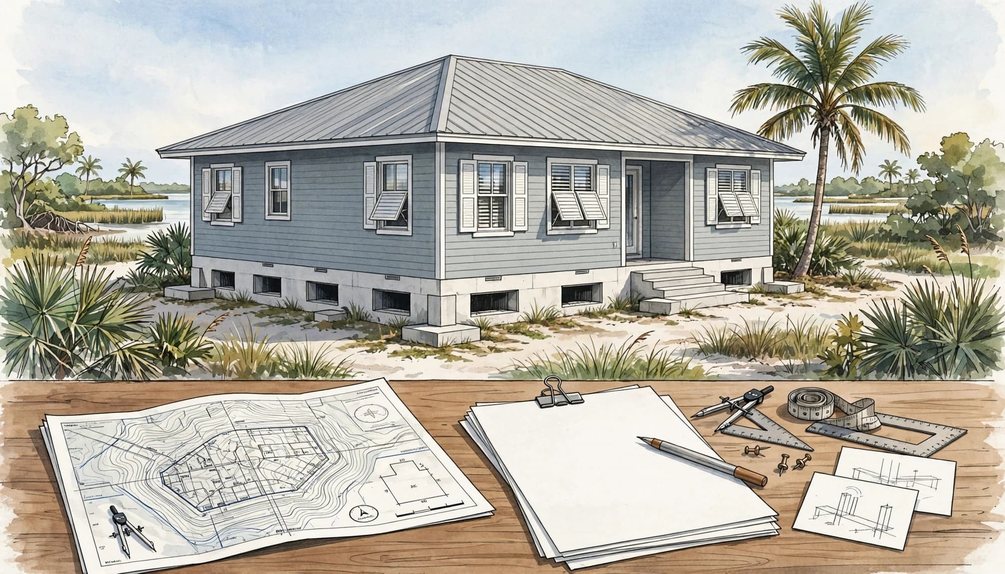 Watercolor illustration of a coastal Florida house with a survey map and blank papers on a foreground table. Home Purchase in SWFL