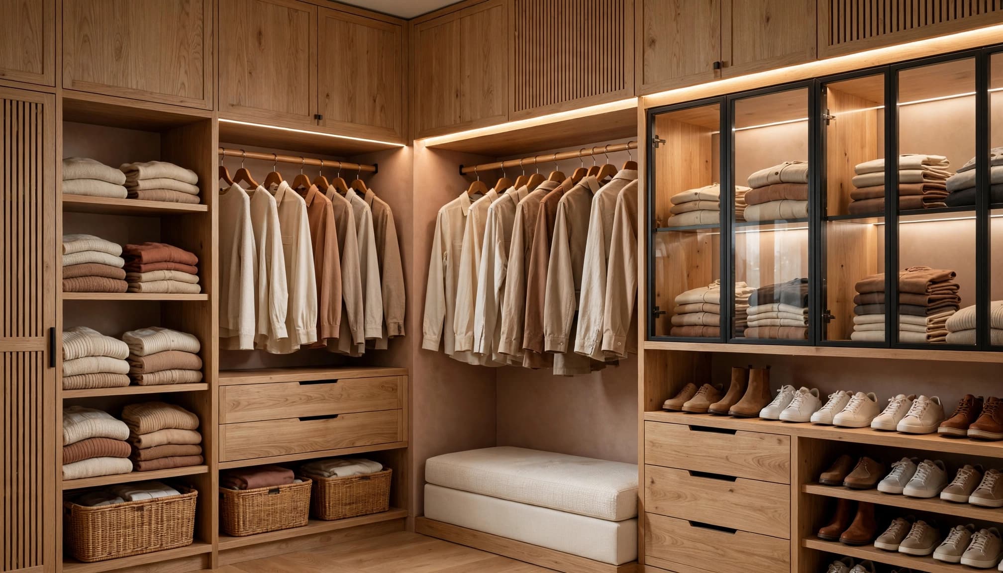 A modern walk-in closet with natural oak cabinetry, folded clothing, hanging shirts, and shoes. Closet design trends 2026