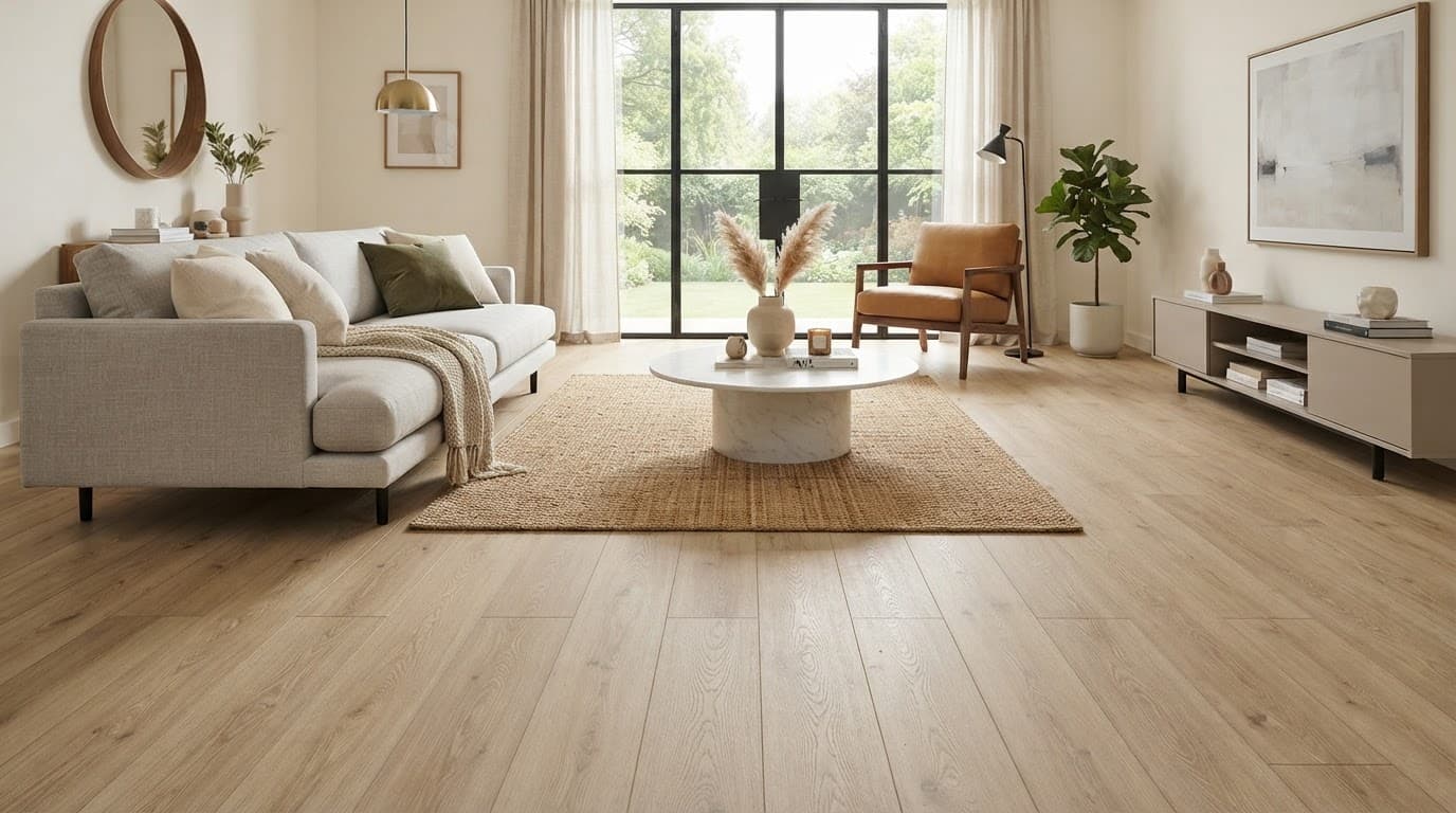 Upscale living room with white-oak flooring and modern furniture in warm natural light. Luxury Laminate Floors
