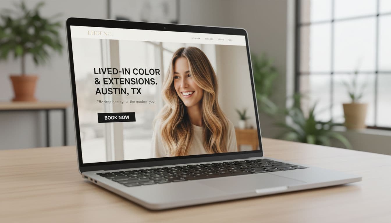 A photorealistic image of a sleek laptop displaying a luxury hair salon's homepage hero section with lived-in color, extensions, bold headline, tagline, and Book Now button. Background features a smiling woman with balayage hair in natural sunlight, minimalist design with ample white space.