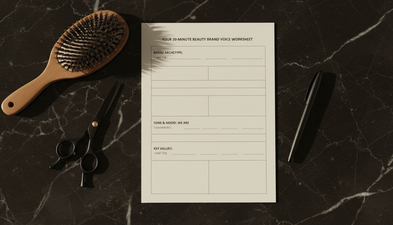 Clean fill-in-the-blank beauty brand voice tone sheet worksheet on a black marble surface with hair styling tools like a brush, scissors, and a pen nearby, in modern minimalist dark luxury editorial style.