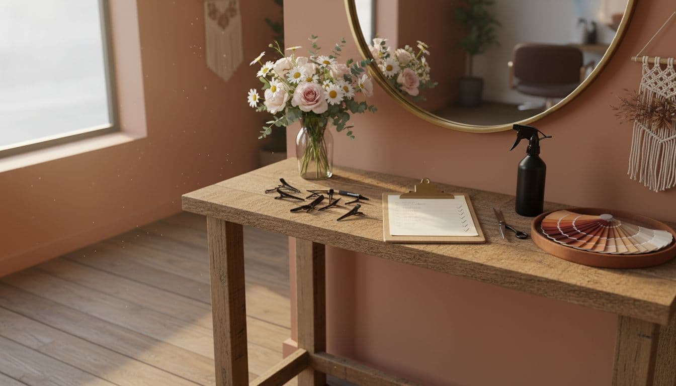 Cozy salon styling station featuring a wooden clipboard with checklist, scattered hair clips, scissors, spray bottle, color swatches, soft morning light, fresh flowers, and warm earthy tones.