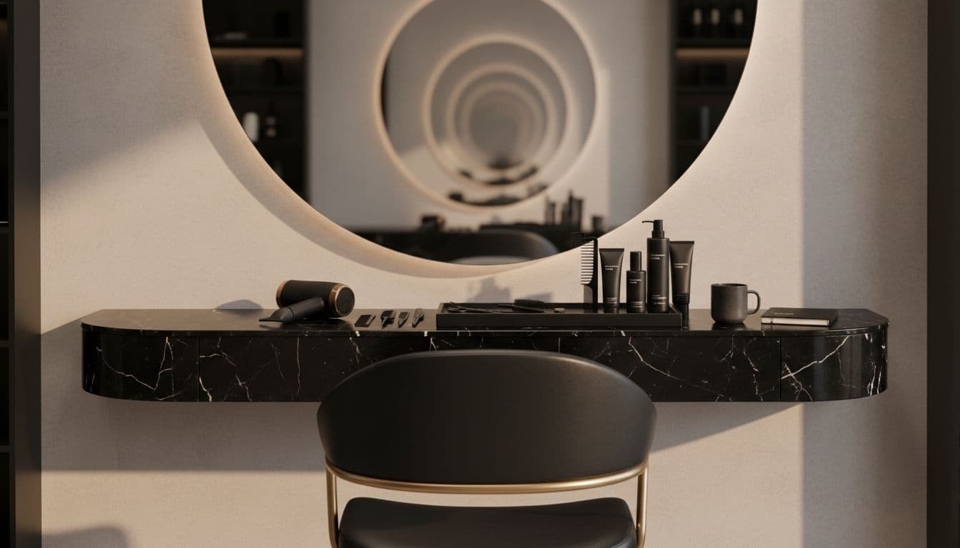 Close-up of an empty stylish hair salon styling station with large mirror, black leather chair, and tray of hair tools on counter, featuring modern minimalist dark luxury design, soft warm lighting, and neutral palette.