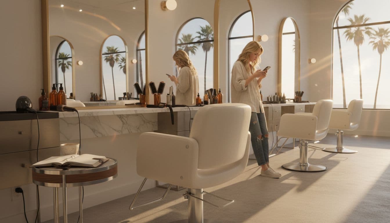 Trendy California hair salon interior bathed in warm golden hour light, with an empty stylist chair featuring an abandoned coffee cup and blank appointment book in the foreground, and a frustrated millennial female hairstylist checking her phone amid mirrors and styling tools in the background, palm trees visible outside large windows.