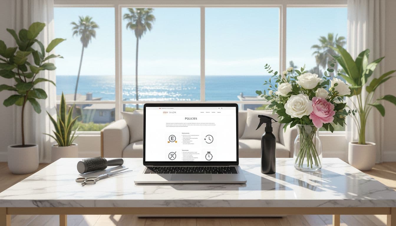 Laptop on white marble desk open to blurred hair salon policies page with icons, surrounded by scissors, brush, spray bottle, and flowers in sunny California loft with ocean view.