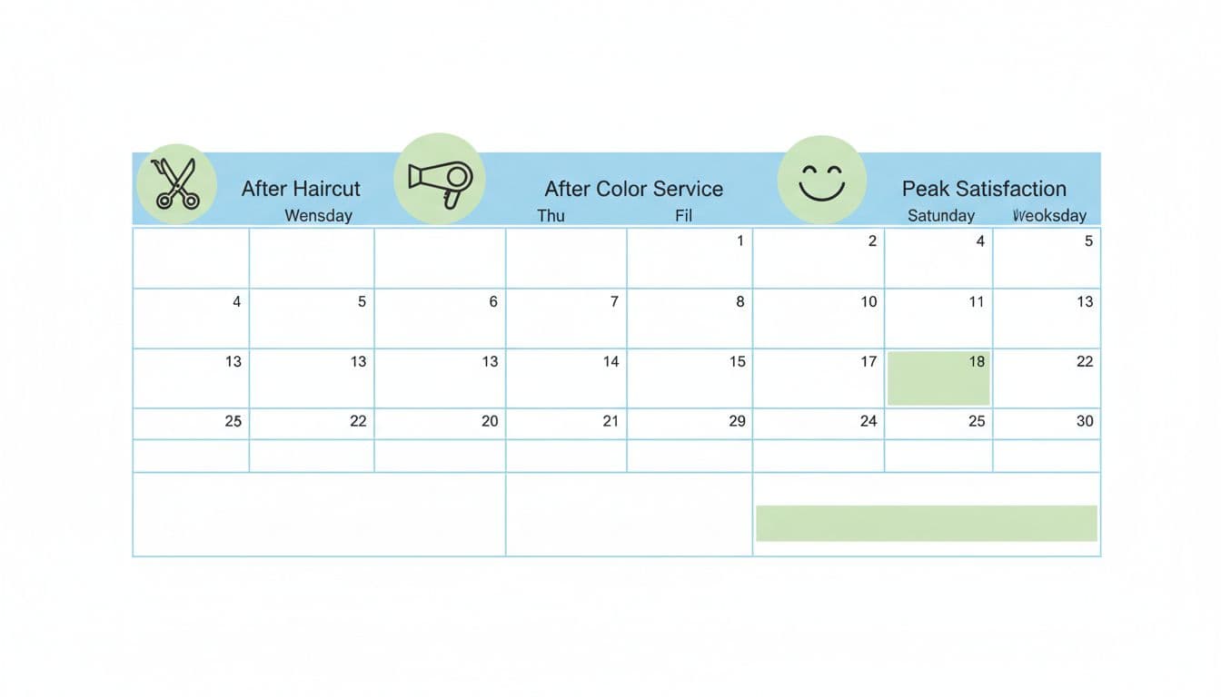 Infographic-style calendar marking optimal times to request reviews after haircut and color services, using simple icons like scissors, hairdryer, and happy face emoji. Clean modern landscape design with no text or people.